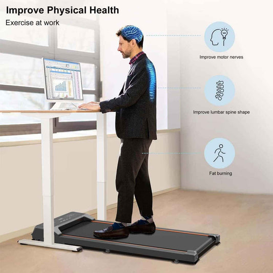Class A portable treadmill for Truck shown with man walking while working at standing desk