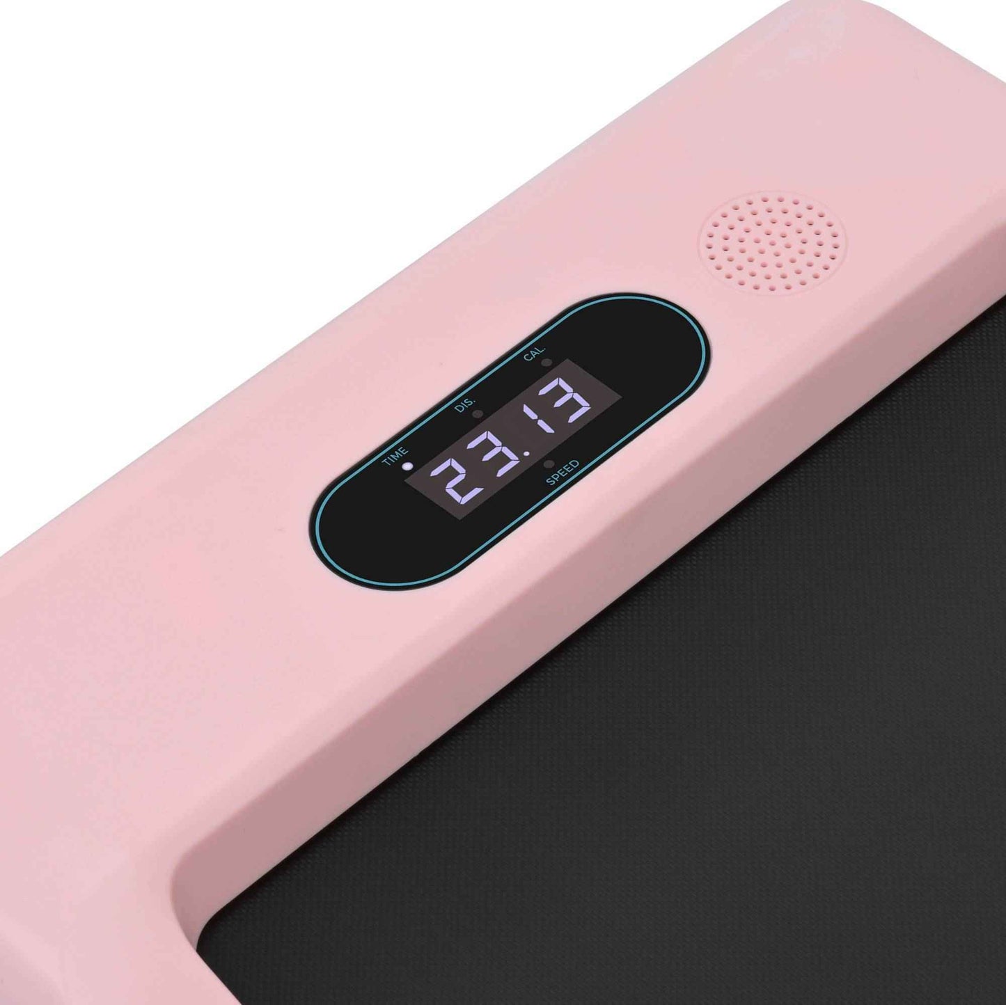 Class A pink under desk treadmill with Bluetooth showing digital speed and timer display