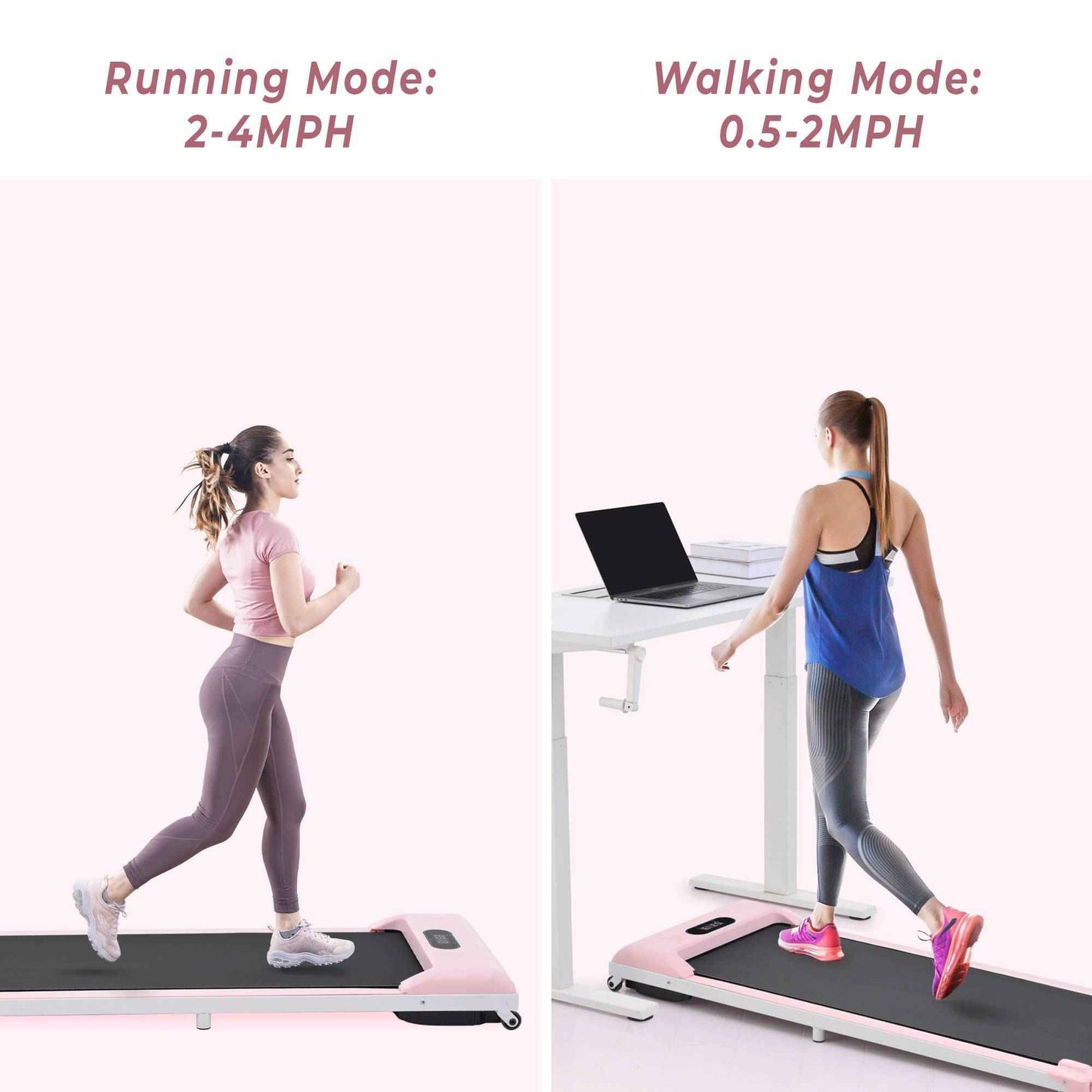 Class A under desk treadmill with Bluetooth shown in running and walking modes, used by women
