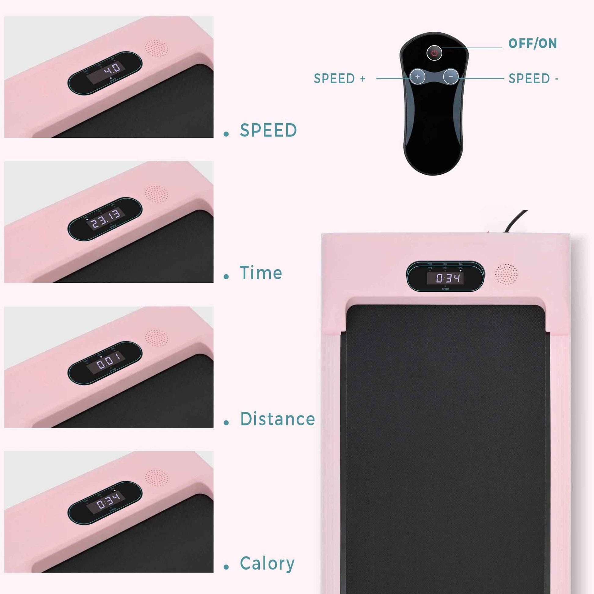 Class A pink under desk treadmill with Bluetooth showing speed time distance and calorie displays with remote control