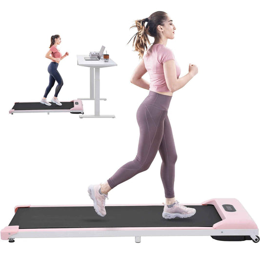 Class A under desk treadmill with Bluetooth showing woman jogging on pink treadmill under office desk